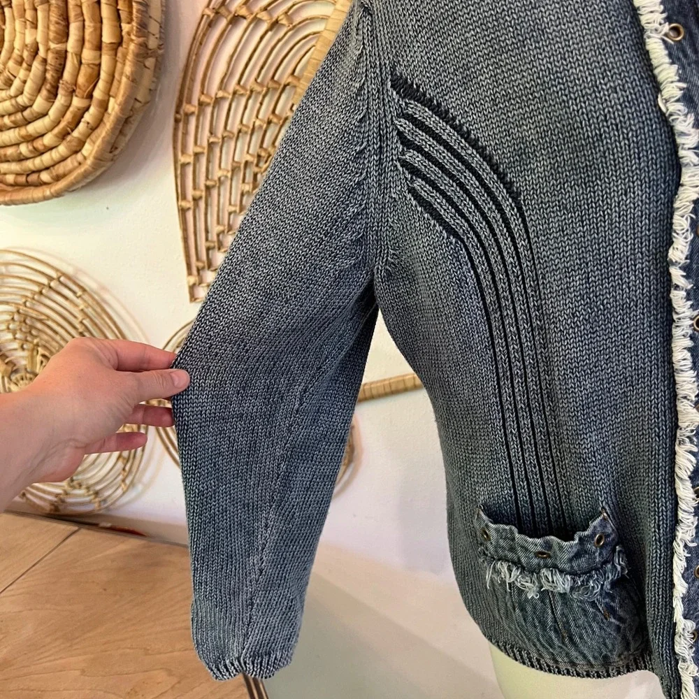 Vintage PBJ Blues Blue Cotton Ramie Denim Trim Cardigan Sweater Boho XL
